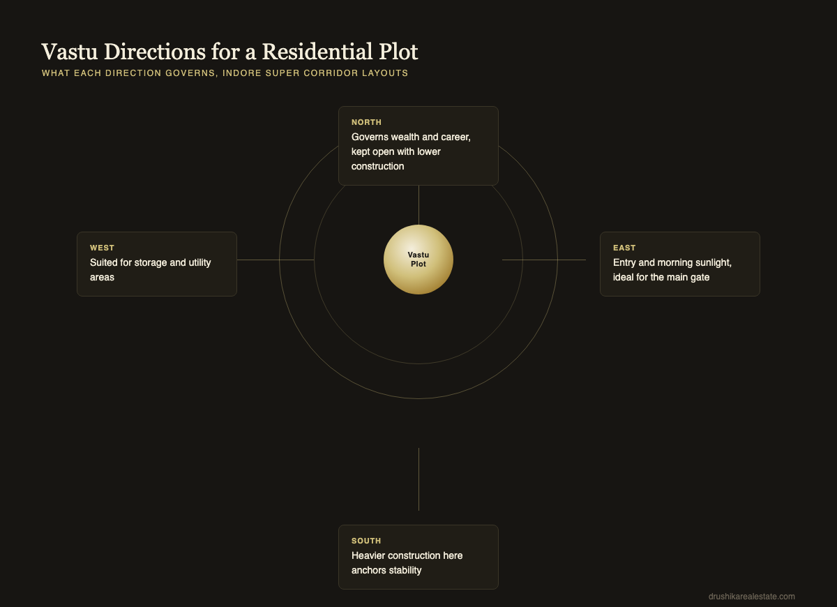 Vastu directions for a residential plot guide showing north east south west significance