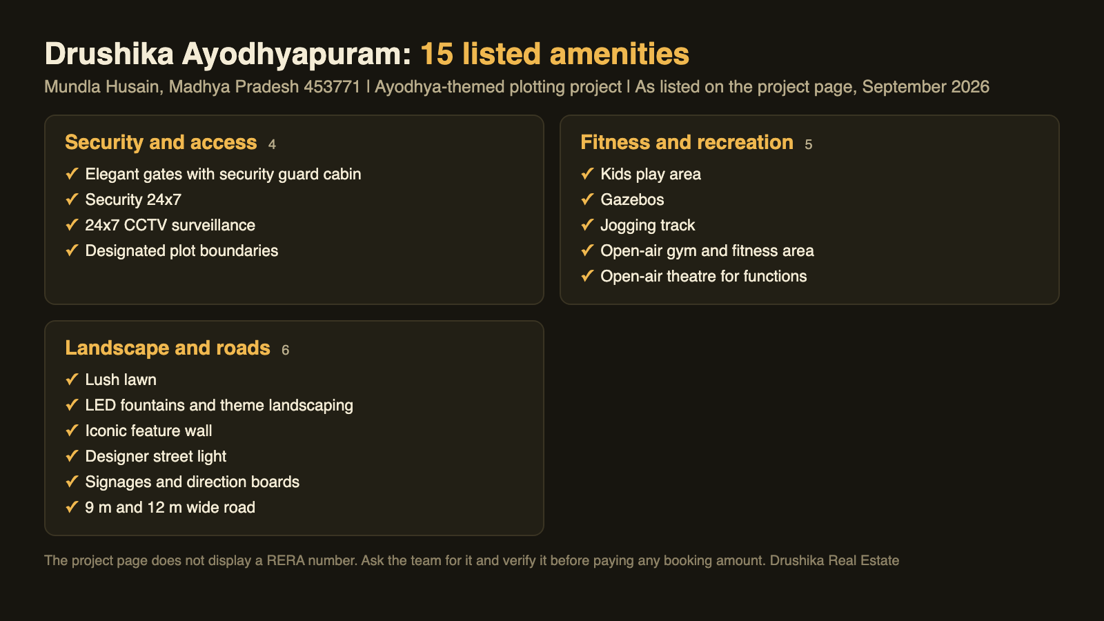 Amenities listed on the Drushika Ayodhyapuram project page, grouped by type