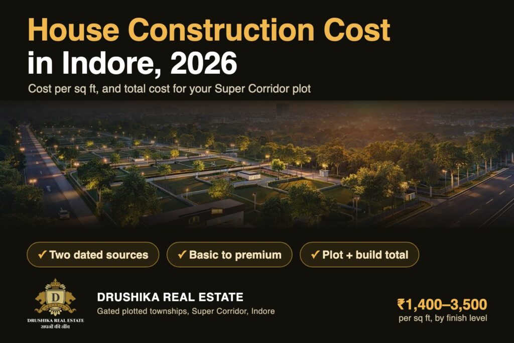 House construction cost in Indore 2026: Rs 1,400 to 3,500 per sq ft by finish level, cover image