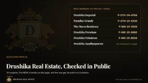 Drushika Real Estate developer profile: the RERA numbers printed on each project page, with Ayodhyapuram shown as not displayed