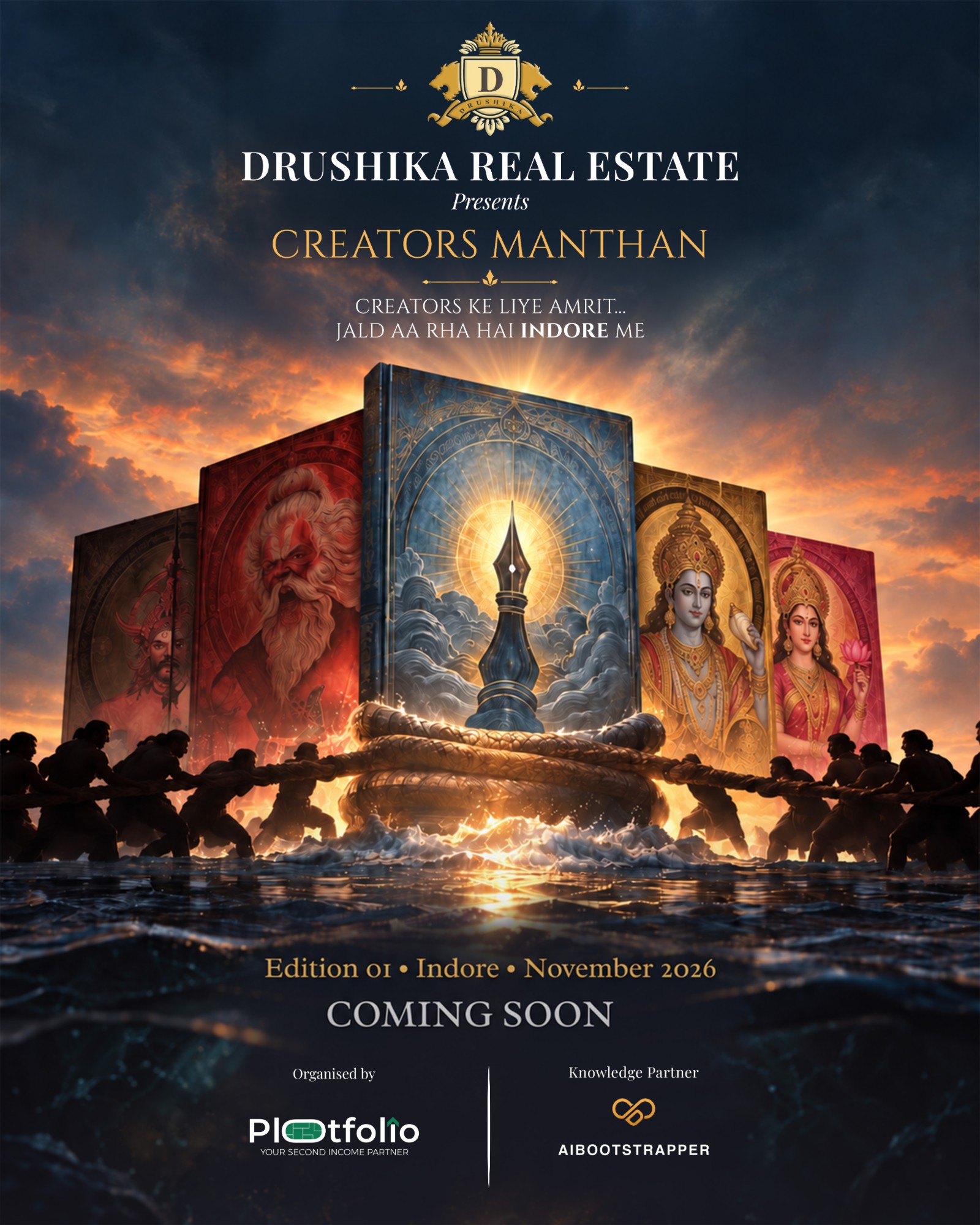 Creators Manthan poster: Drushika Real Estate presents Indore's AI-first influencer meetup, Edition 01, November 2026