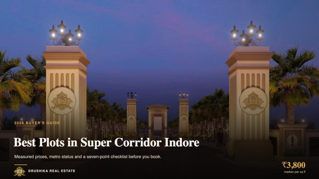 Best Plots in Super Corridor Indore, 2026 buyer guide, cover photo of a Drushika township gate at dusk