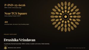 Drushika Vrindavan cover with a lotus mandala, RERA number P-IND-25-6026, near TCS Square, 20 amenities listed